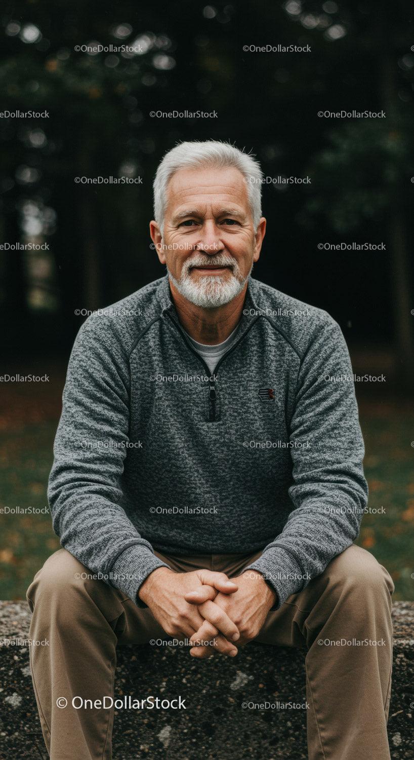 Smiling senior man sitting outdoors in casual outfit