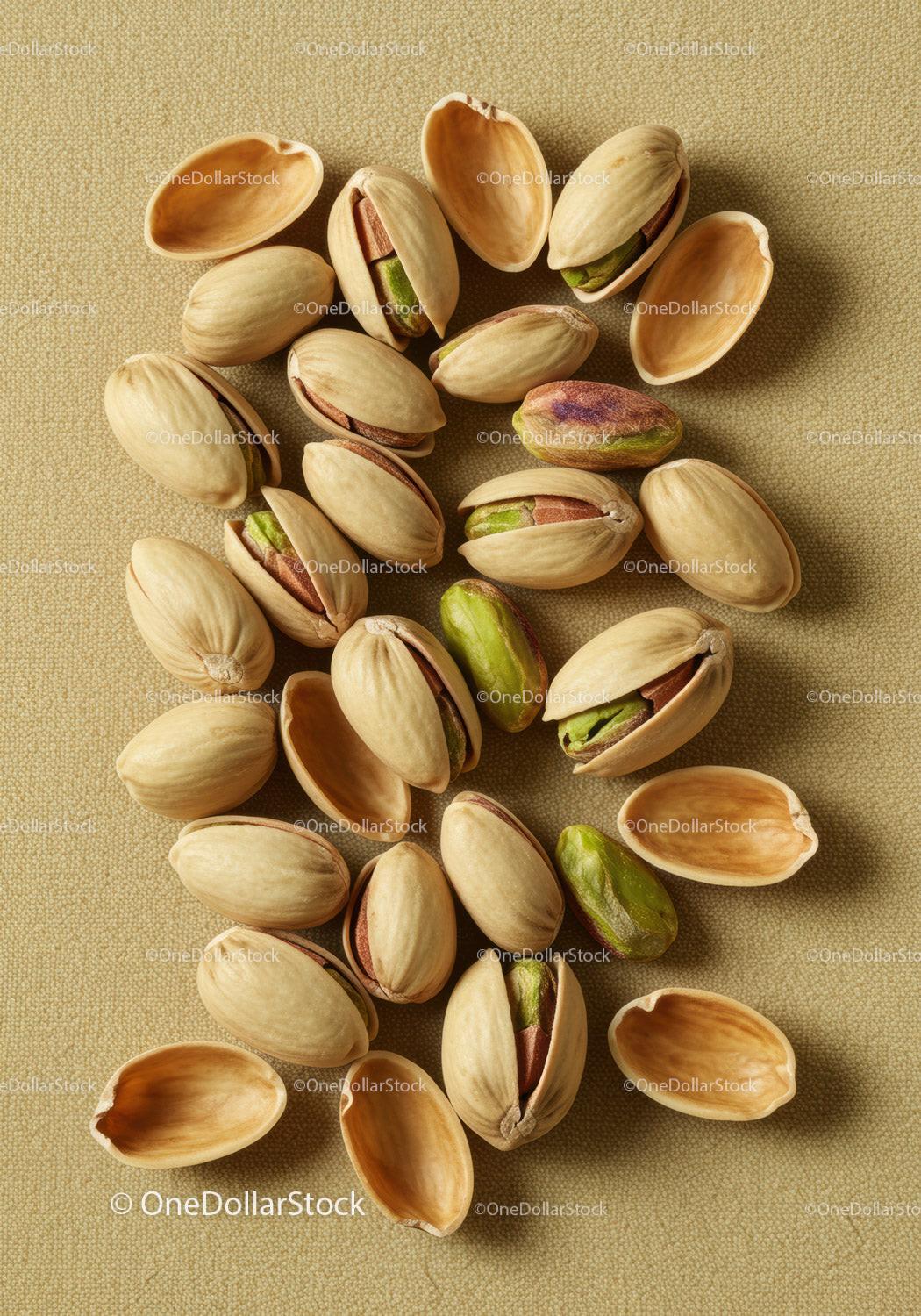 Close-up of scattered pistachio nuts with shells open
