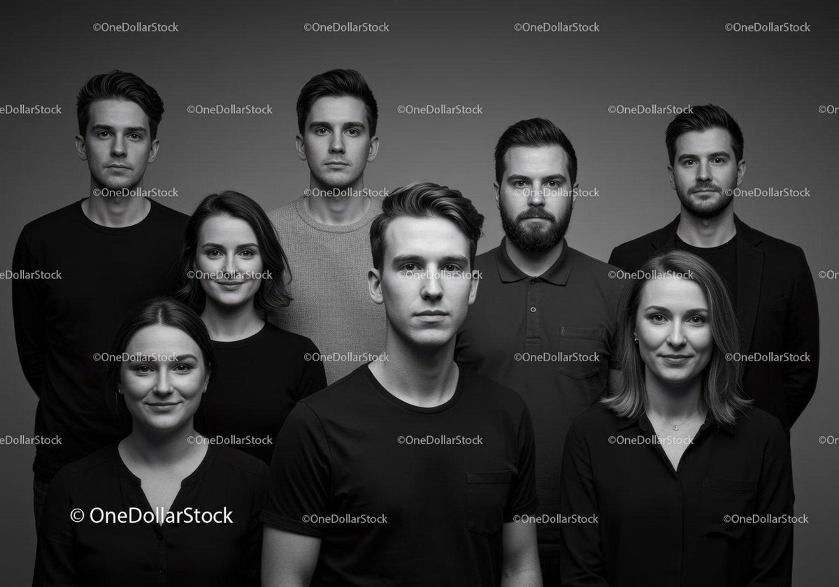 Focused young adults posing for professional black and white portrait