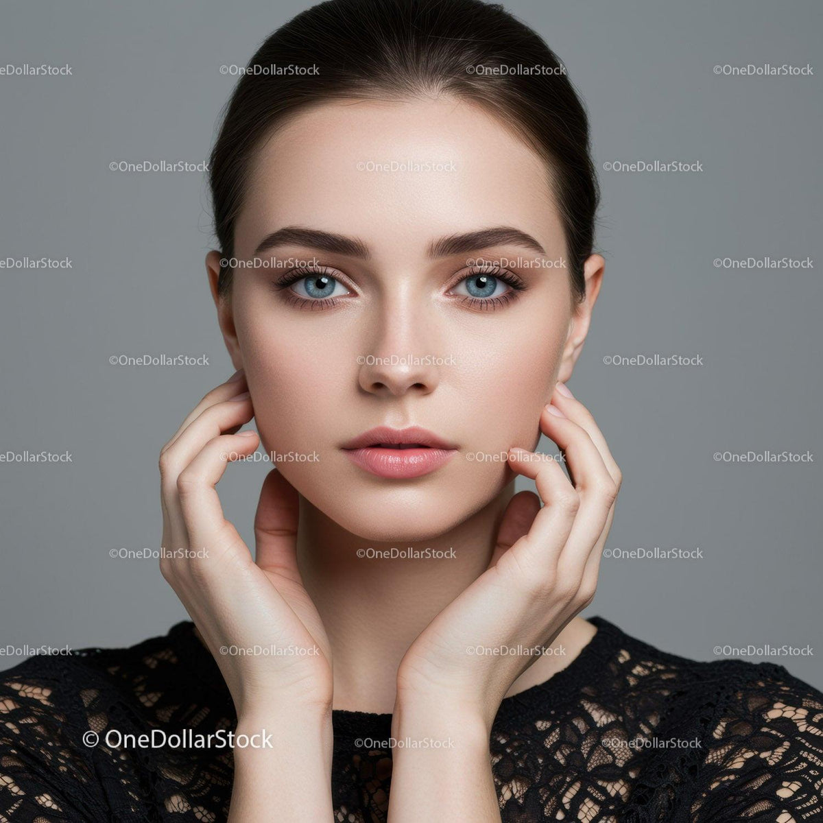 Elegant Woman with Blue Eyes and Clear Skin in Studio