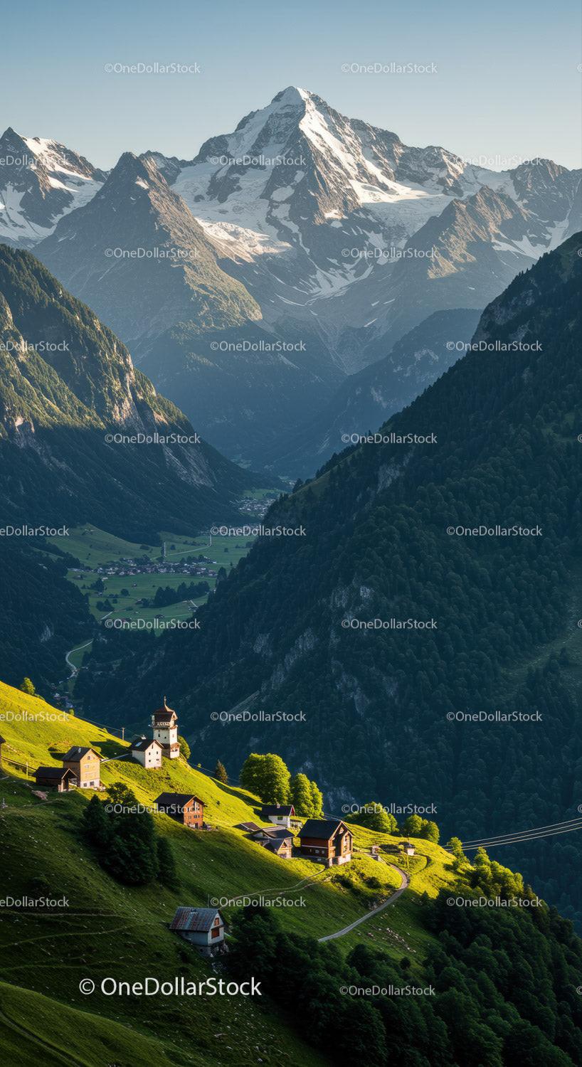 Majestic Snow-Capped Mountain Range with Green Valley and Alpine Village