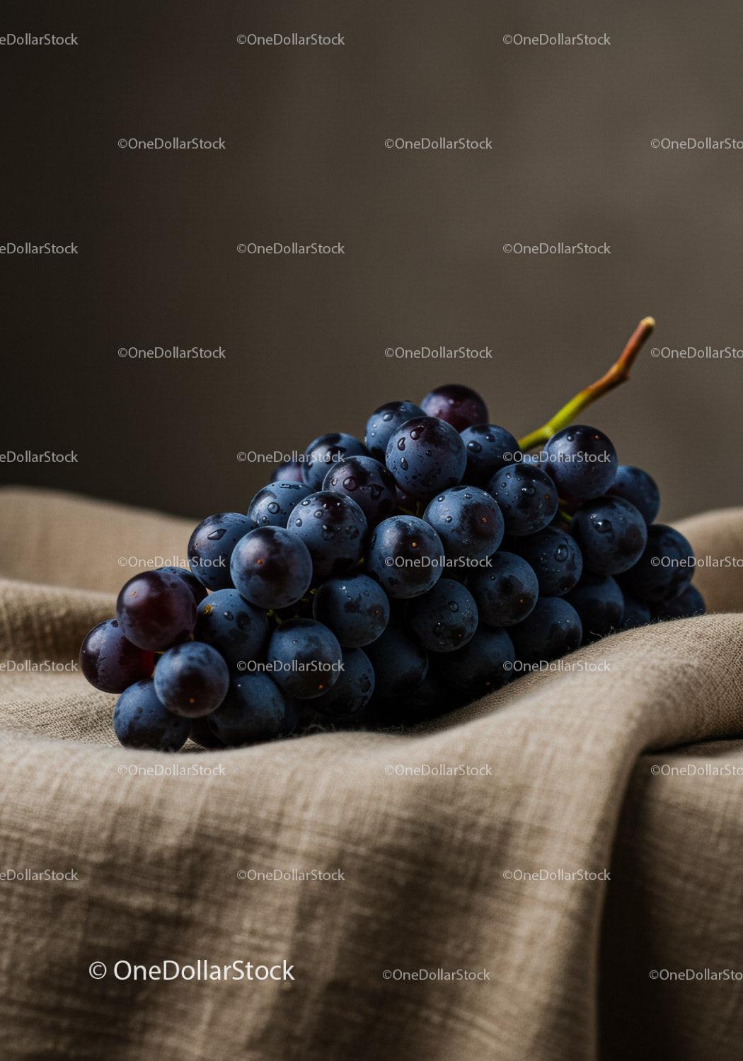 Fresh dark grapes resting on rustic linen fabric
