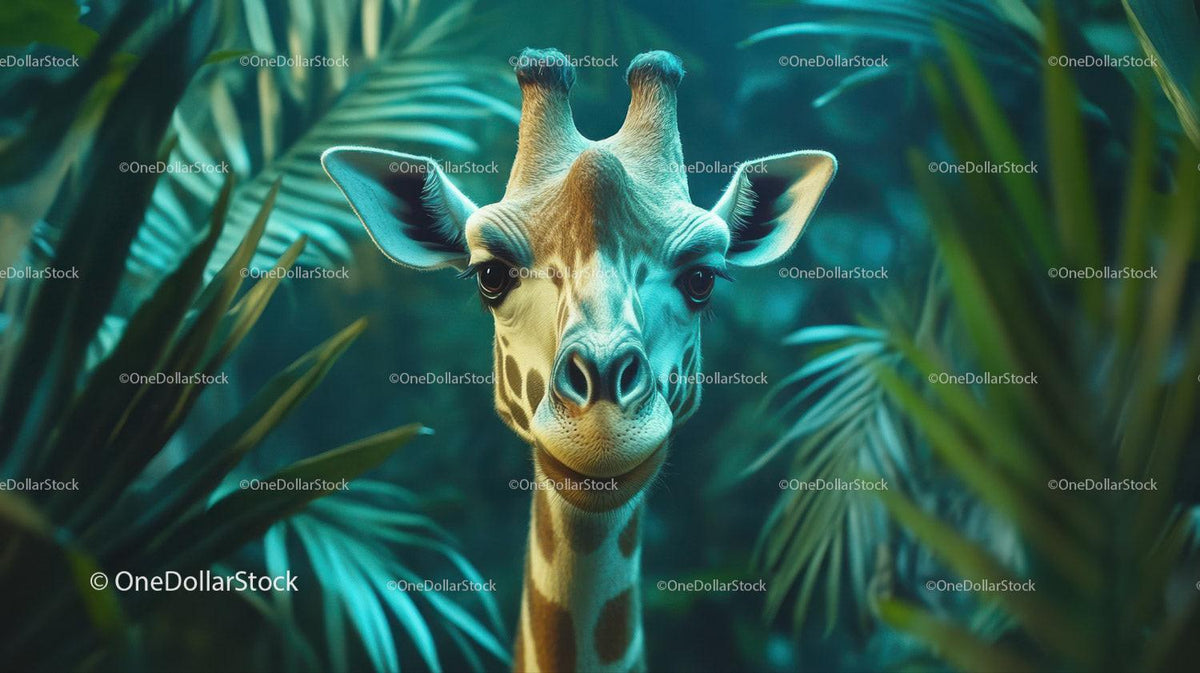 Close-up of giraffe head with green tropical leaves background