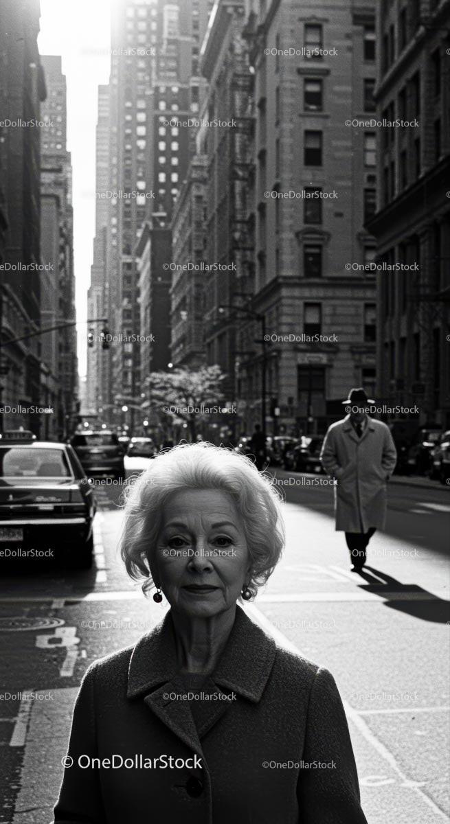 Elderly Woman in Busy City Street Surrounded by Vintage Cars Stock Photo Bundle preview 31