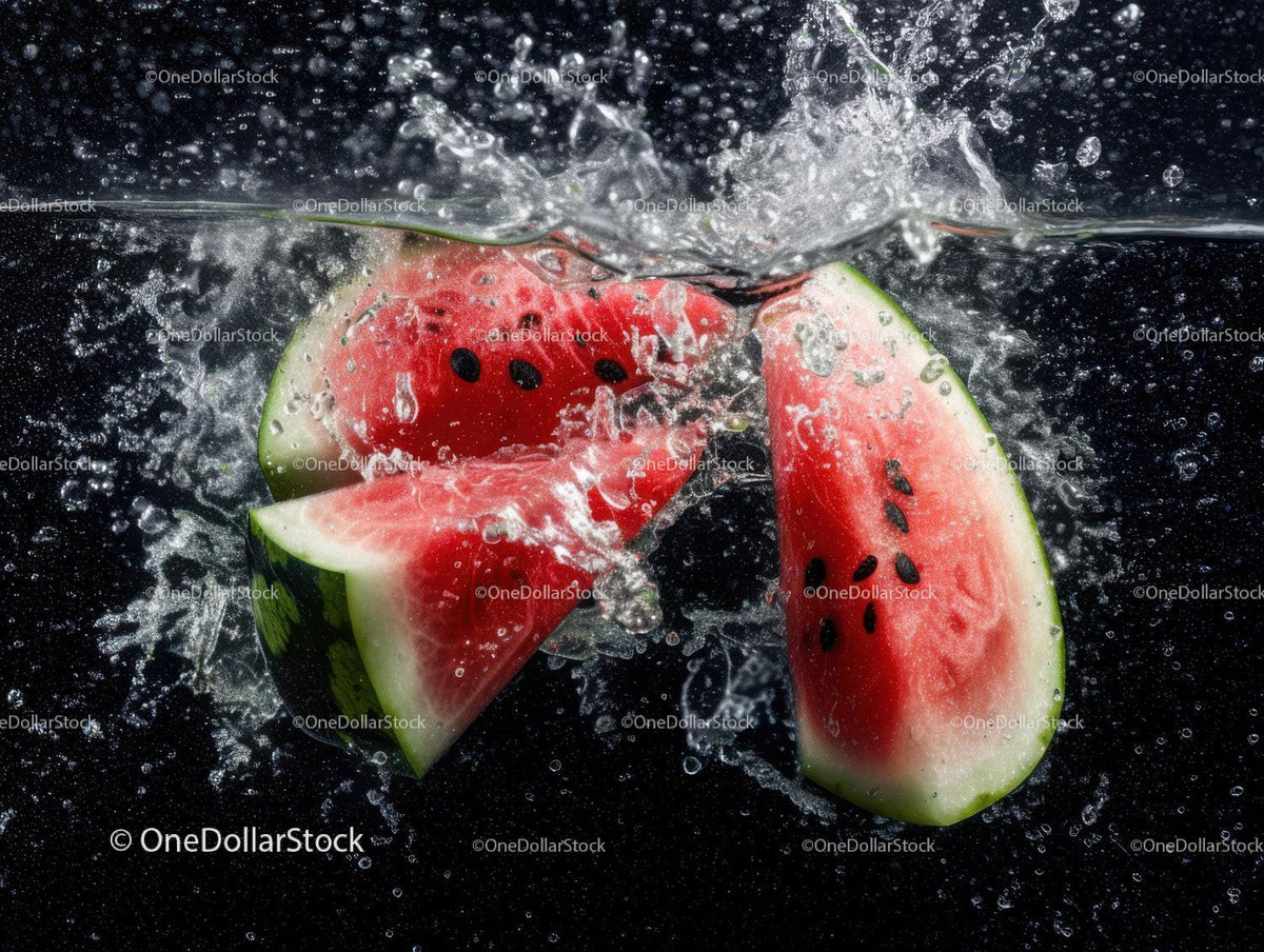 Red and Green Watermelon Slices Splashing Water in Dark Background