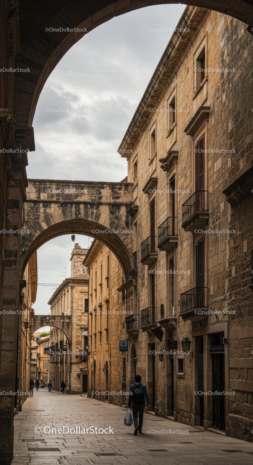 Historic Limestone Buildings with Arched Passageways in Old European City