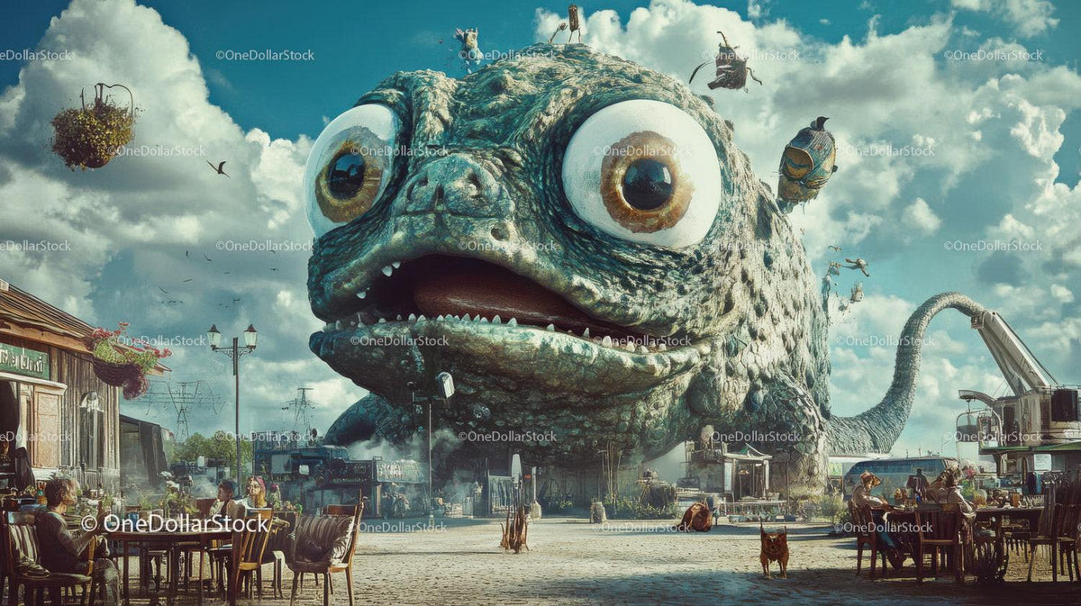 Giant cartoon frog statue with large eyes in urban plaza surrounded by people and buildings