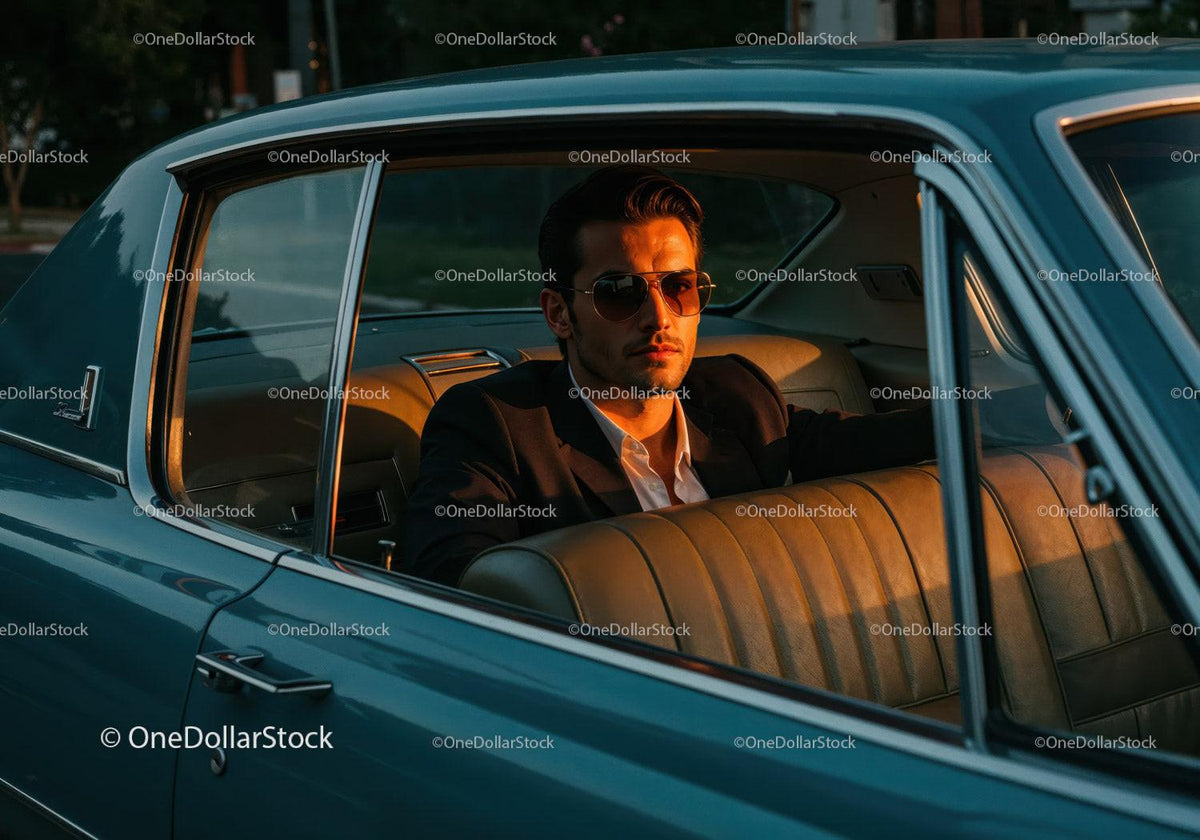 Stylish Man in Sunglasses Sitting in Classic Vintage Car at Sunset Stock Photo Bundle preview 20