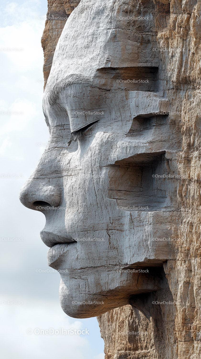 Profile view of a large stone sculpture of a serene female face carved from cliff rock