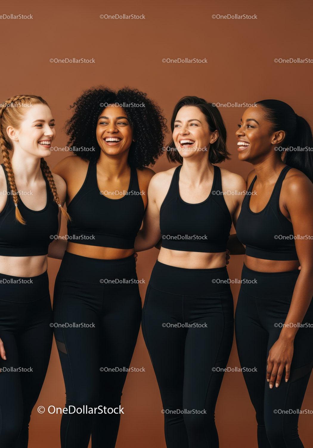 Four diverse women smiling in activewear together