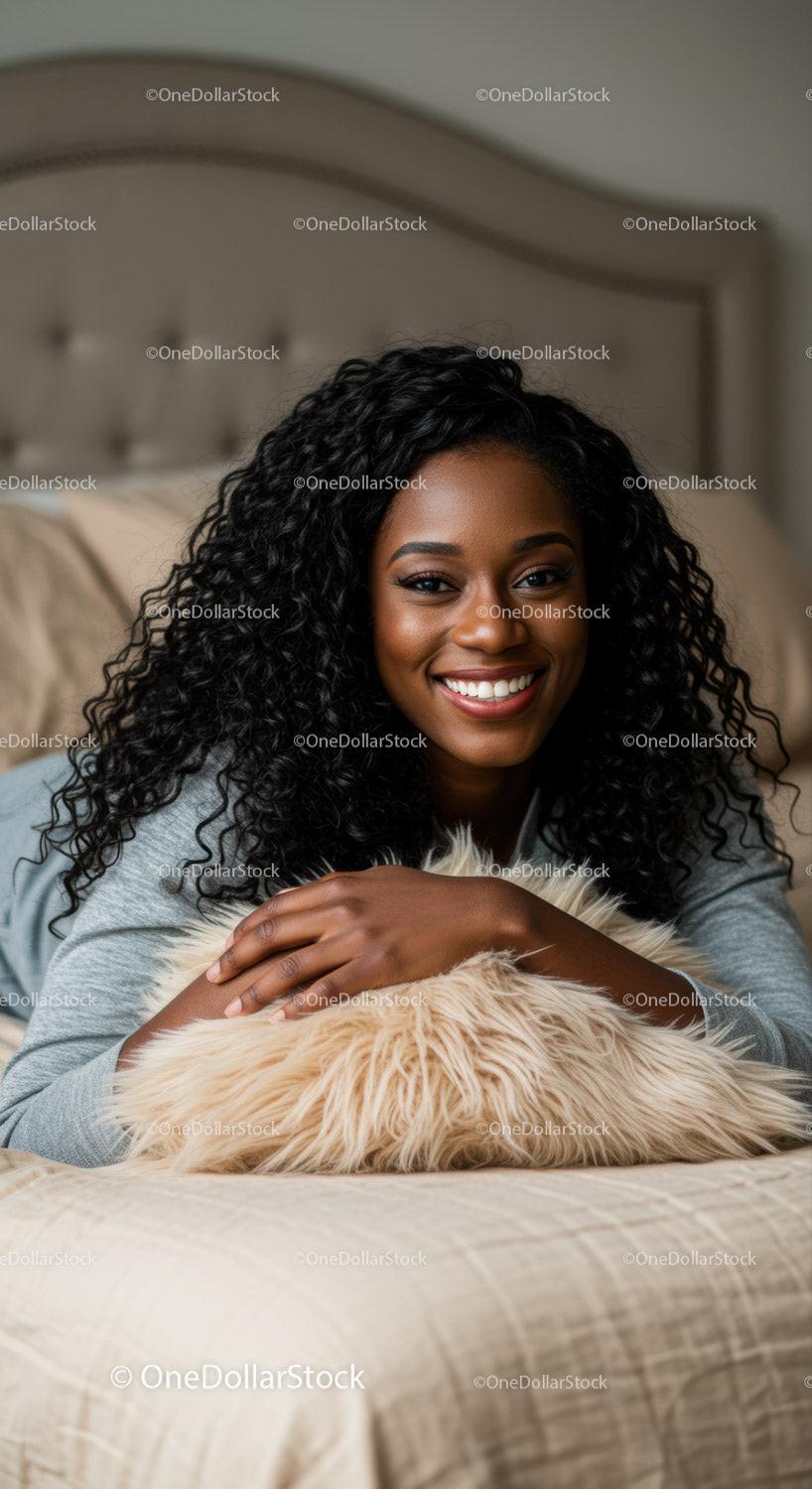 Smiling young woman relaxing on bed with fluffy pillow