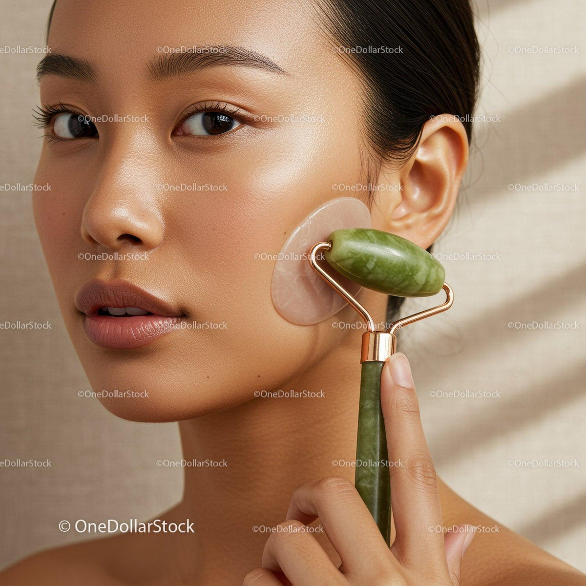 Elegant Woman Using Jade Roller for Skincare Routine
