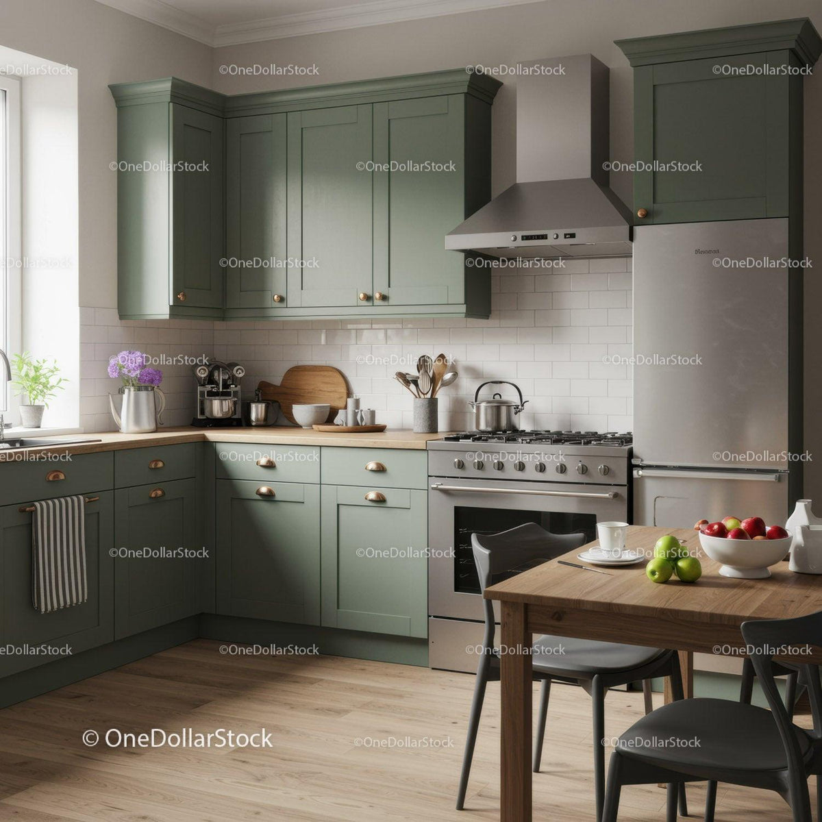 Modern Green Kitchen with Wooden Countertop and Stainless Steel Appliances