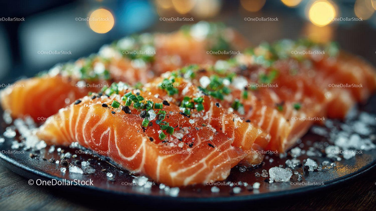 Fresh Sliced Smoked Salmon with Herbs and Sea Salt on Black Plate Stock Photo Bundle preview 27