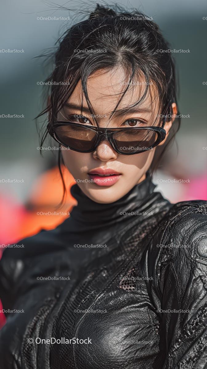 Confident Young Woman in Stylish Black Outfit and Sunglasses Stock Photo Bundle preview