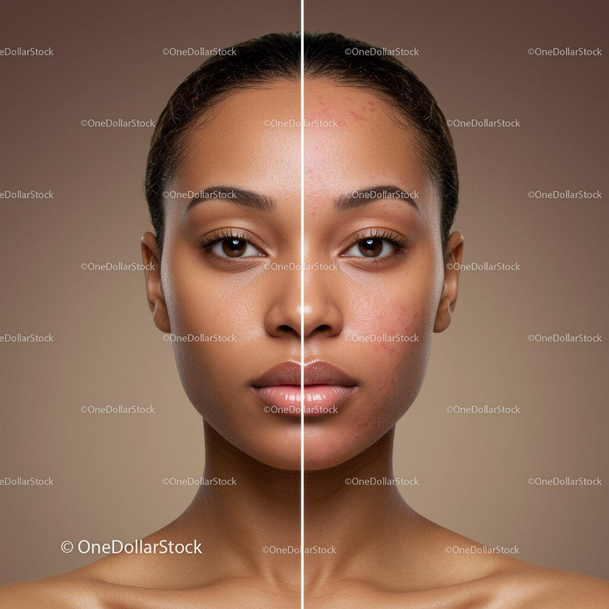 Portrait of a Woman with Acne Scars and Clear Skin Showing Skin Improvement