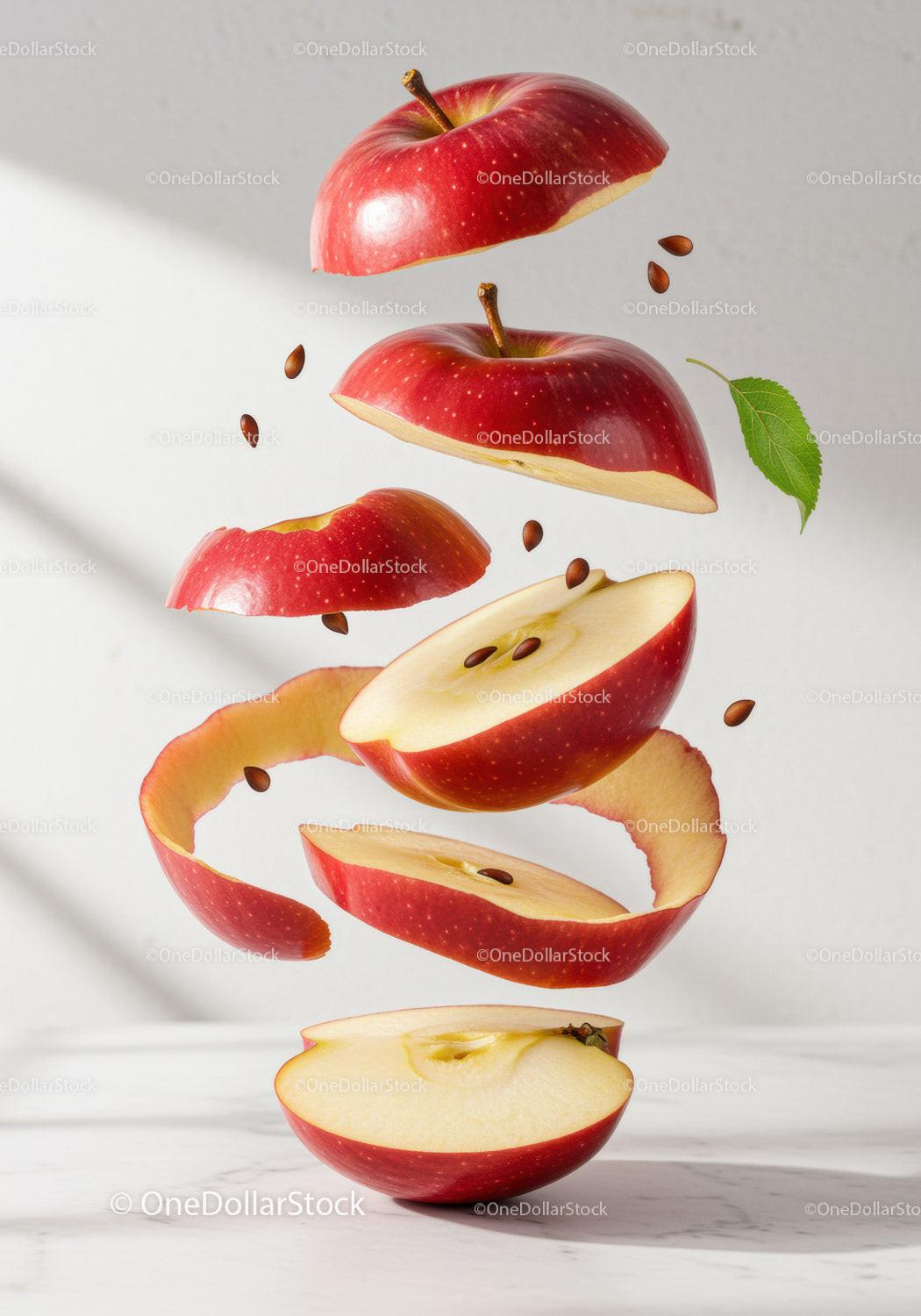 Floating red apple slices with seeds and leaf