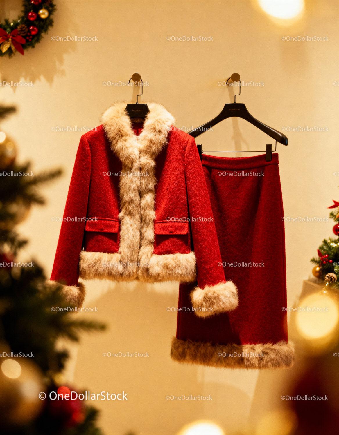 Elegant Red Winter Coat and Skirt with Fur Trim