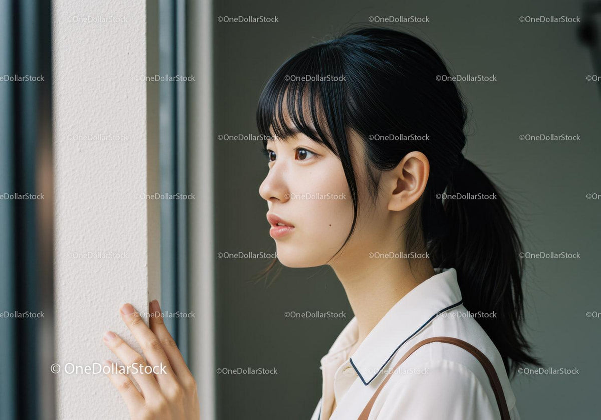 Young Woman in White Shirt Looking Thoughtfully Out Window