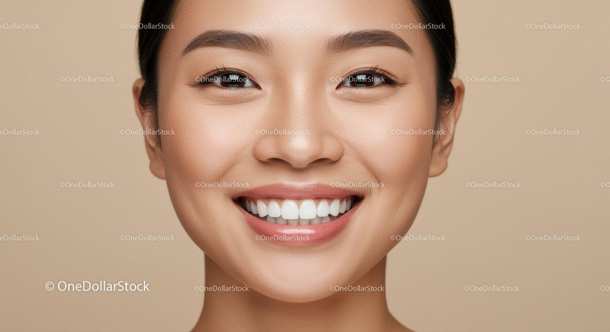 Close up of smiling woman with flawless skin and bright teeth