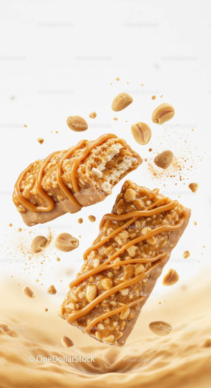 Peanut caramel granola bars with flying peanuts and cream