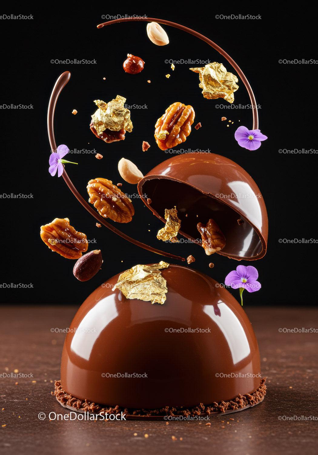 Elegant chocolate mousse dessert with nuts and gold leaf