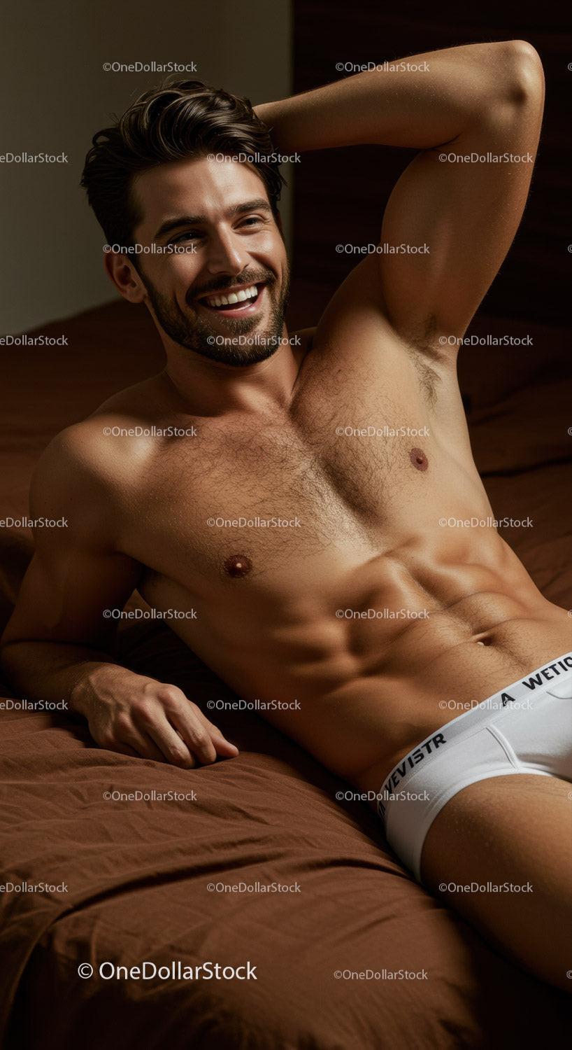 Smiling muscular man relaxing on bed in white underwear