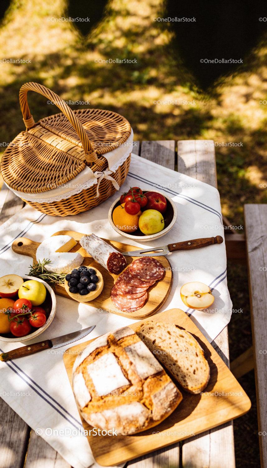 Rustic Picnic Spread with Bread, Cheese, and Fresh Fruit
