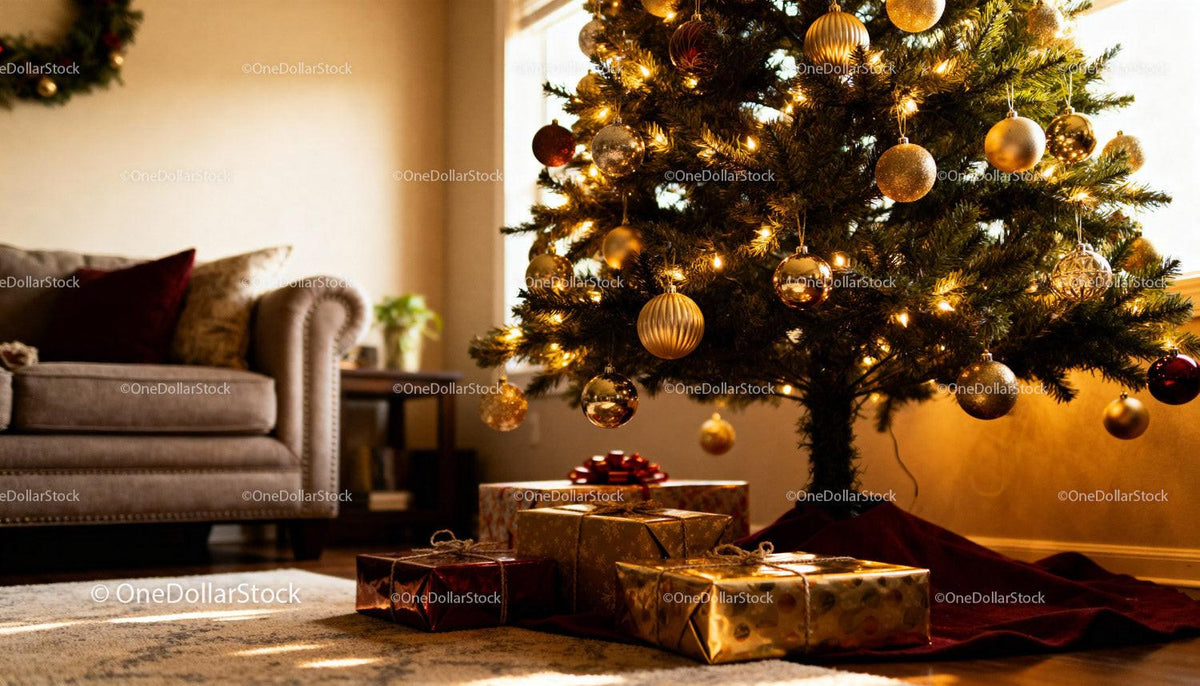 Cozy Living Room with Decorated Christmas Tree and Gifts