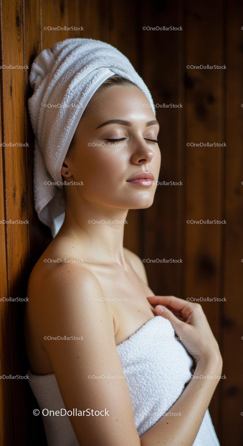 Relaxing Woman in Towel with Closed Eyes at Spa for Wellness and Beauty