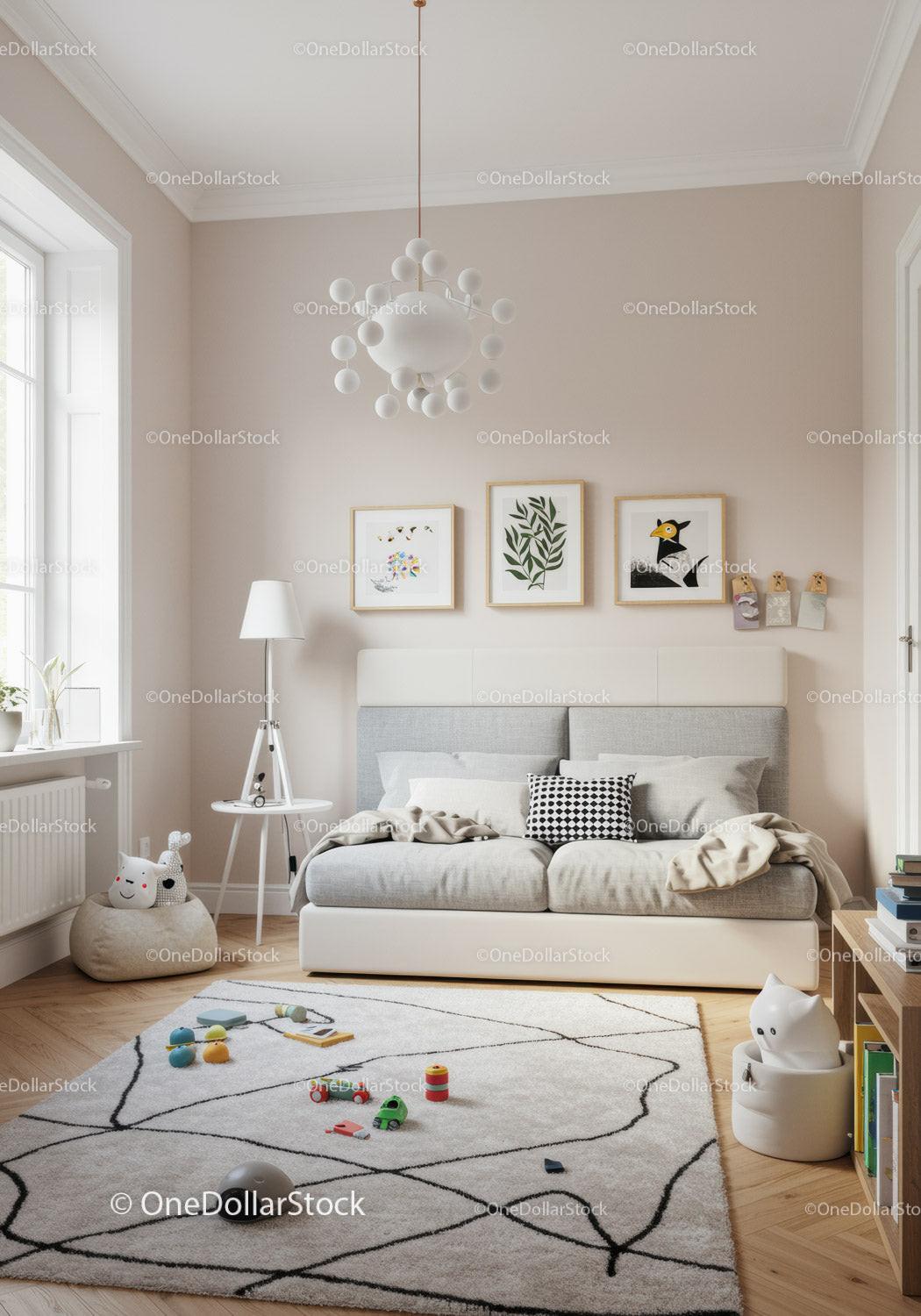 Bright Cozy Living Room with Children Toys and Stylish Decor