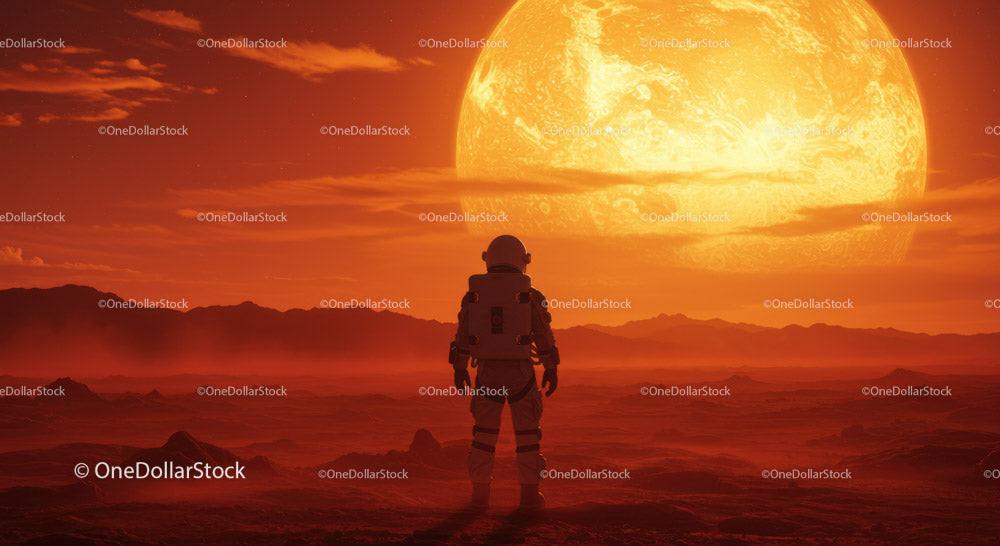 Futuristic Astronaut Exploring an Alien Planet Under a Large Sun