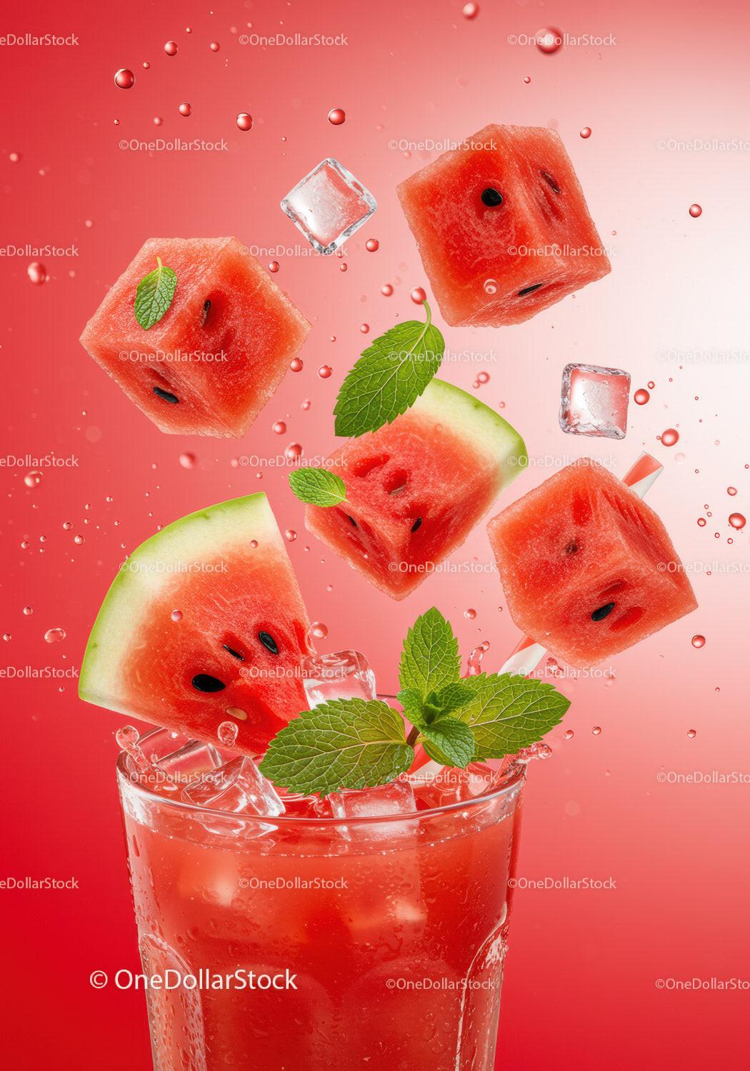 Refreshing watermelon cocktail with ice and mint leaves