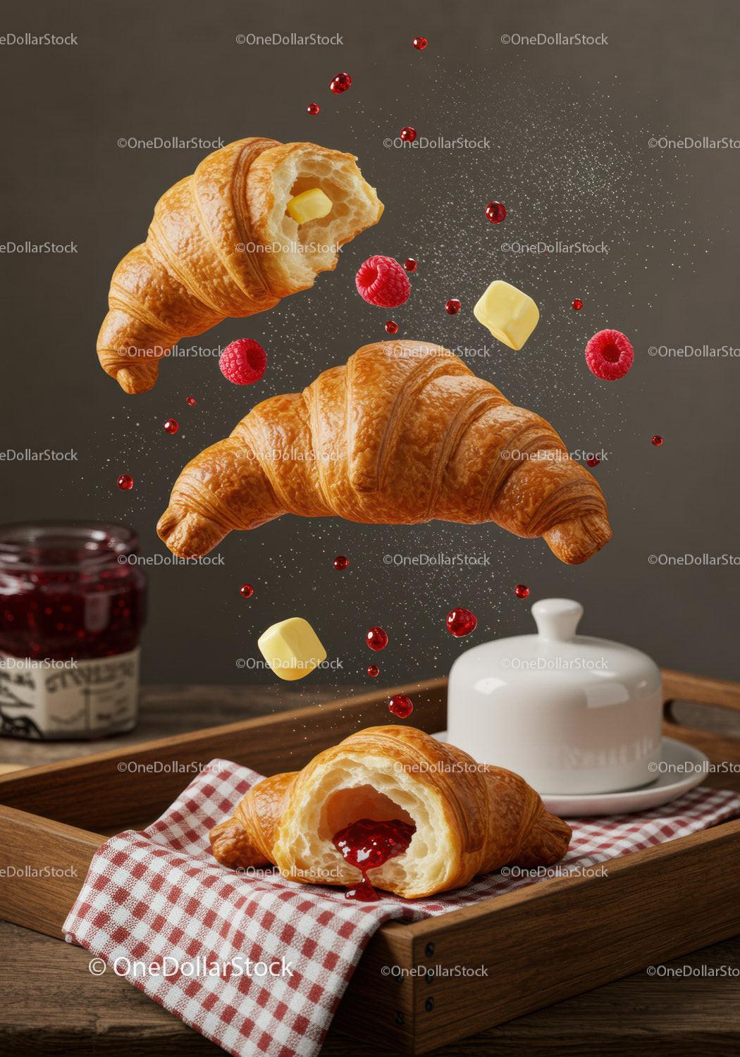 Fresh croissants with butter, raspberry jam, and raspberries