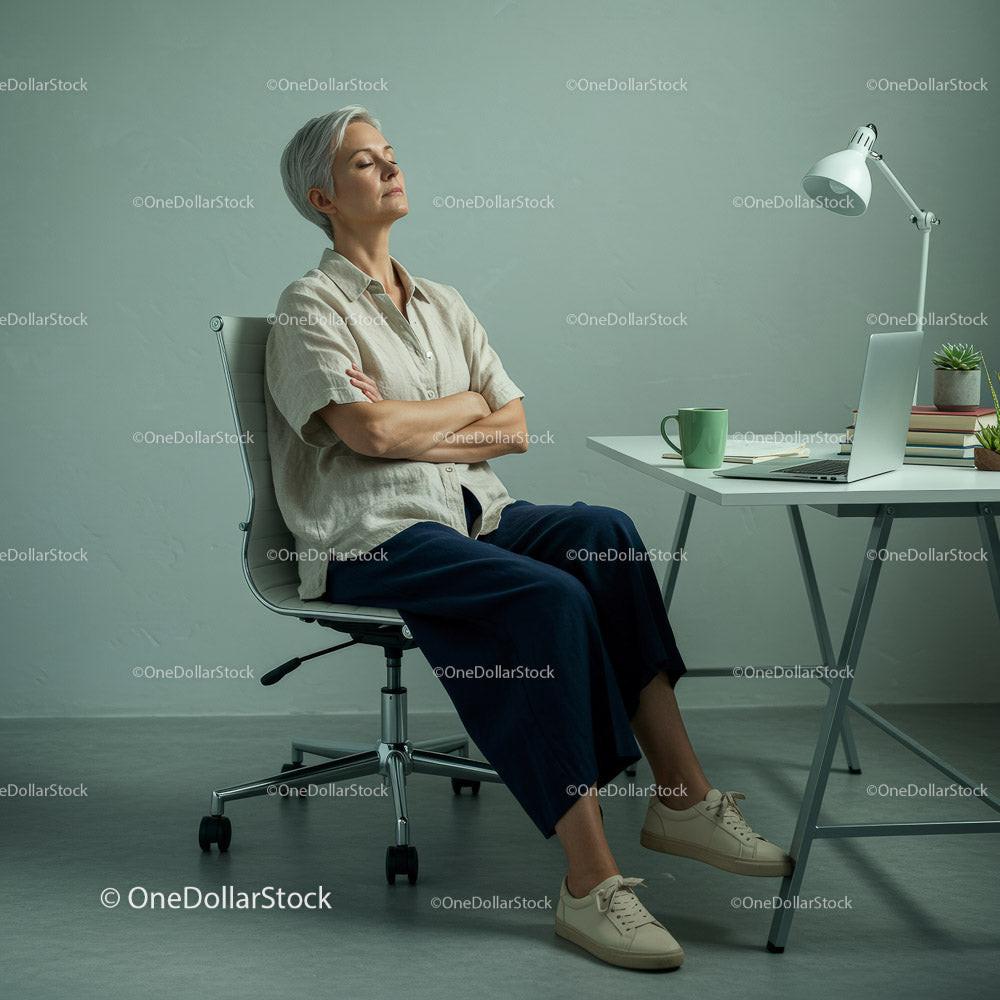 Thoughtful Woman Enjoying Peaceful Moment in Modern Office Stock Photo Bundle preview