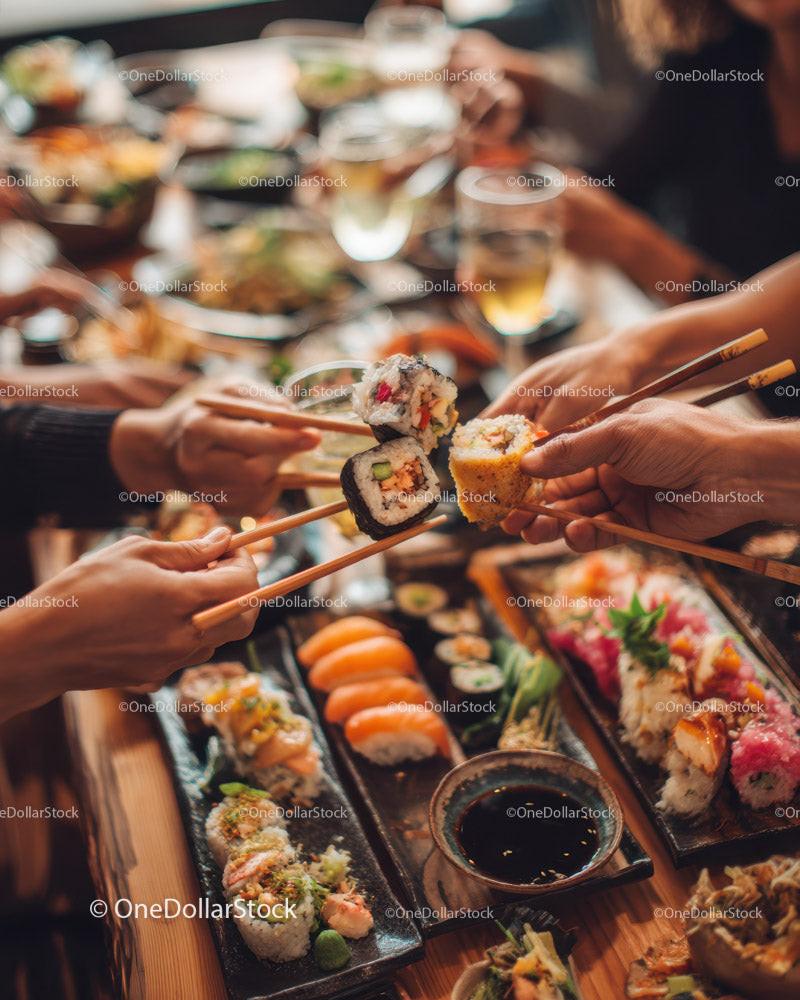 Diverse group of friends enjoying colorful sushi in modern restaurant Stock Photo Bundle preview 15