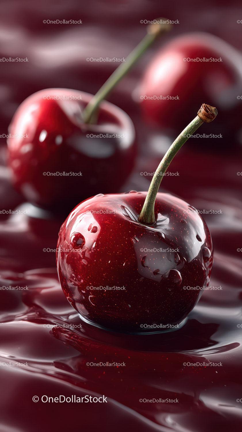 Close-up of Glossy Red Cherries on Liquid Surface