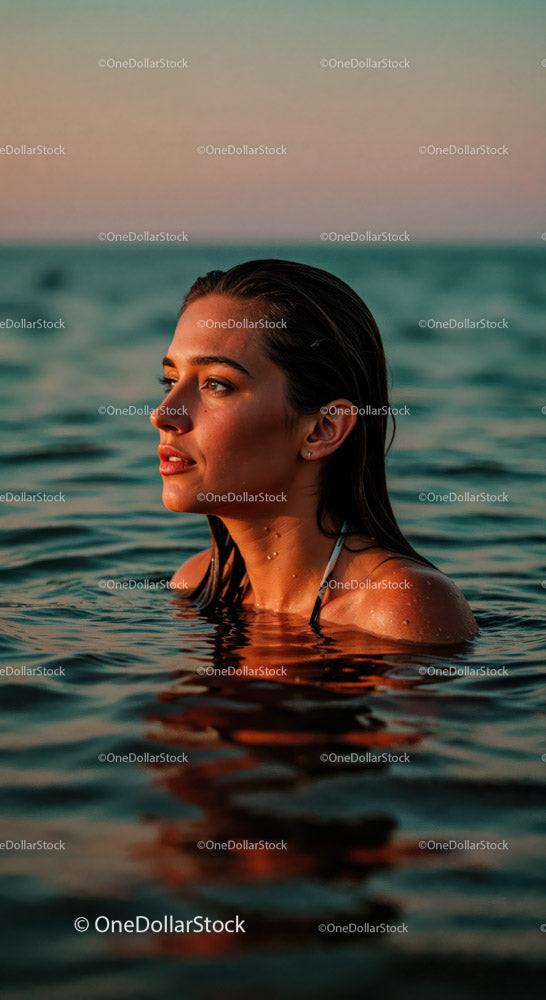 Elegant Woman Swimming in Calm Turquoise Ocean at Sunset
