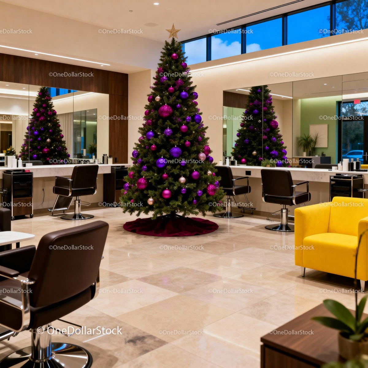 Modern Hair Salon with Festive Christmas Tree Decor