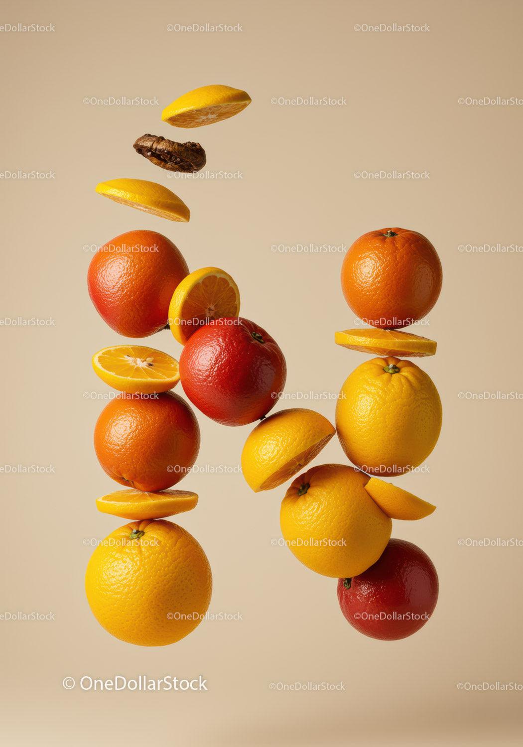 Floating Citrus Fruits and Dried Fig on Beige Background