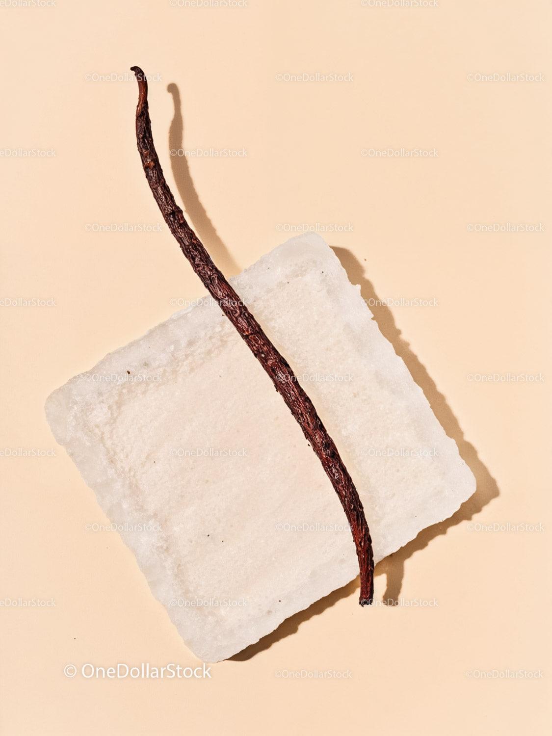 Vanilla bean pod resting on white sugar cube