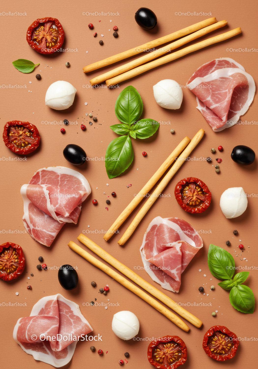 Italian antipasto ingredients layout with prosciutto and basil