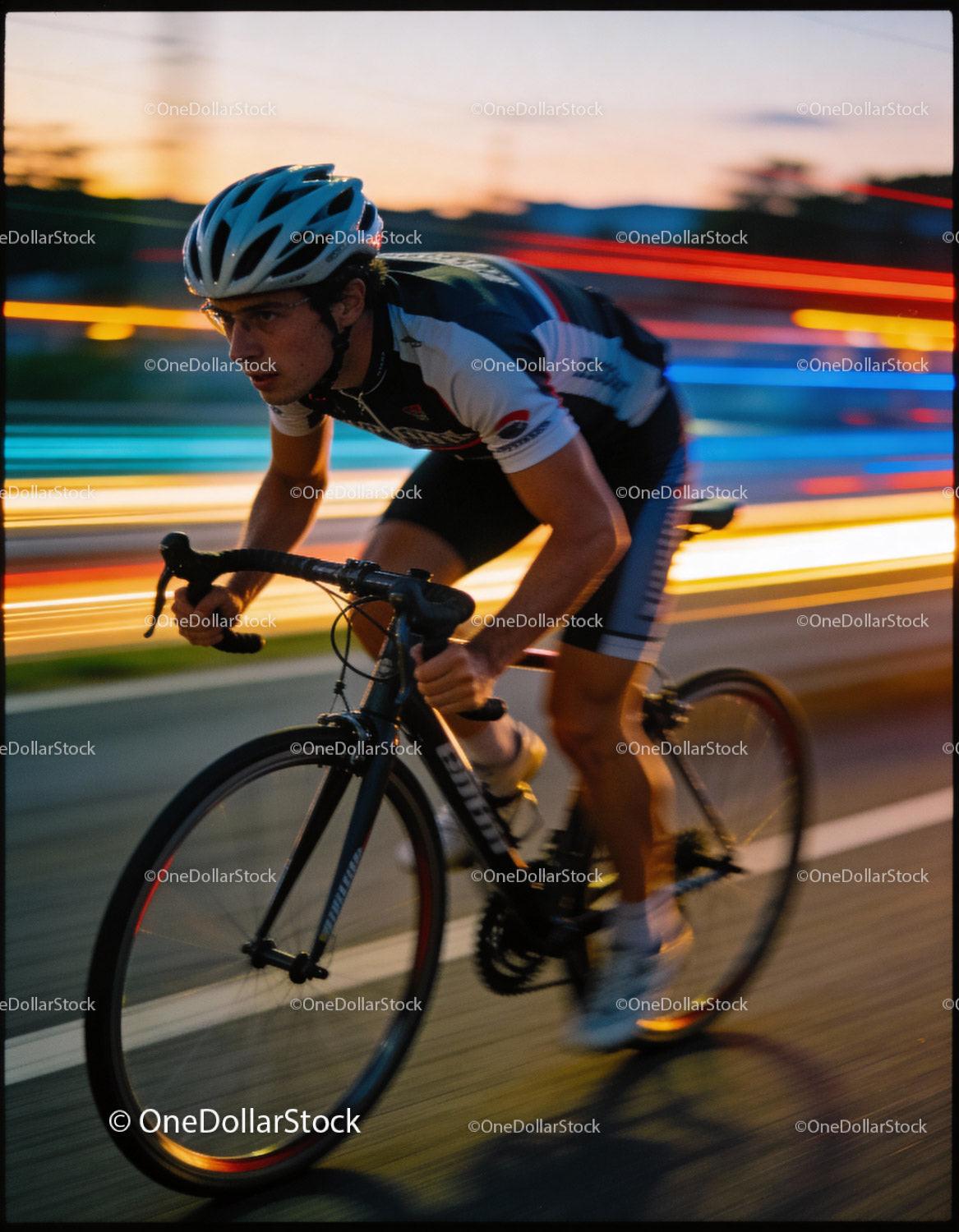 Focused cyclist racing at dusk on urban street