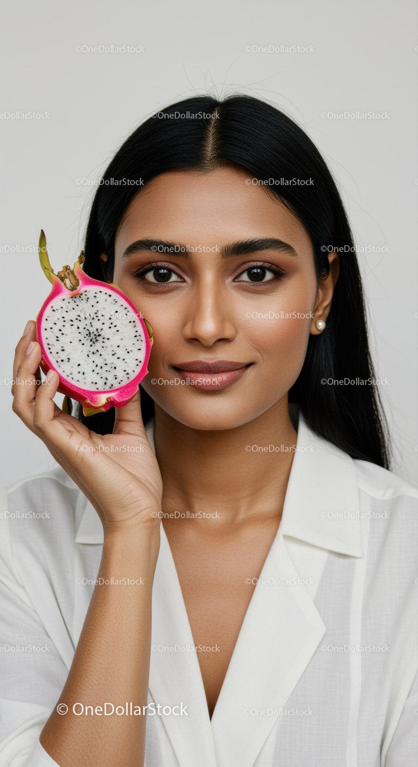 Portrait of a Woman with Fresh Dragon Fruit and Natural Beauty