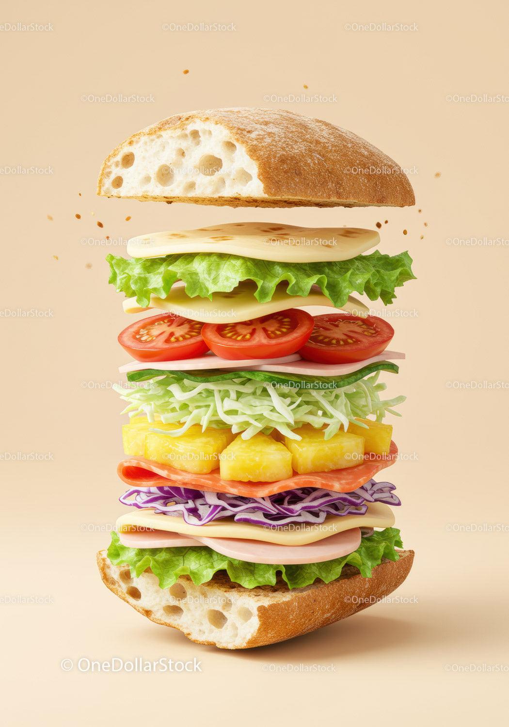 Fresh stacked sandwich with vibrant vegetables and cheese