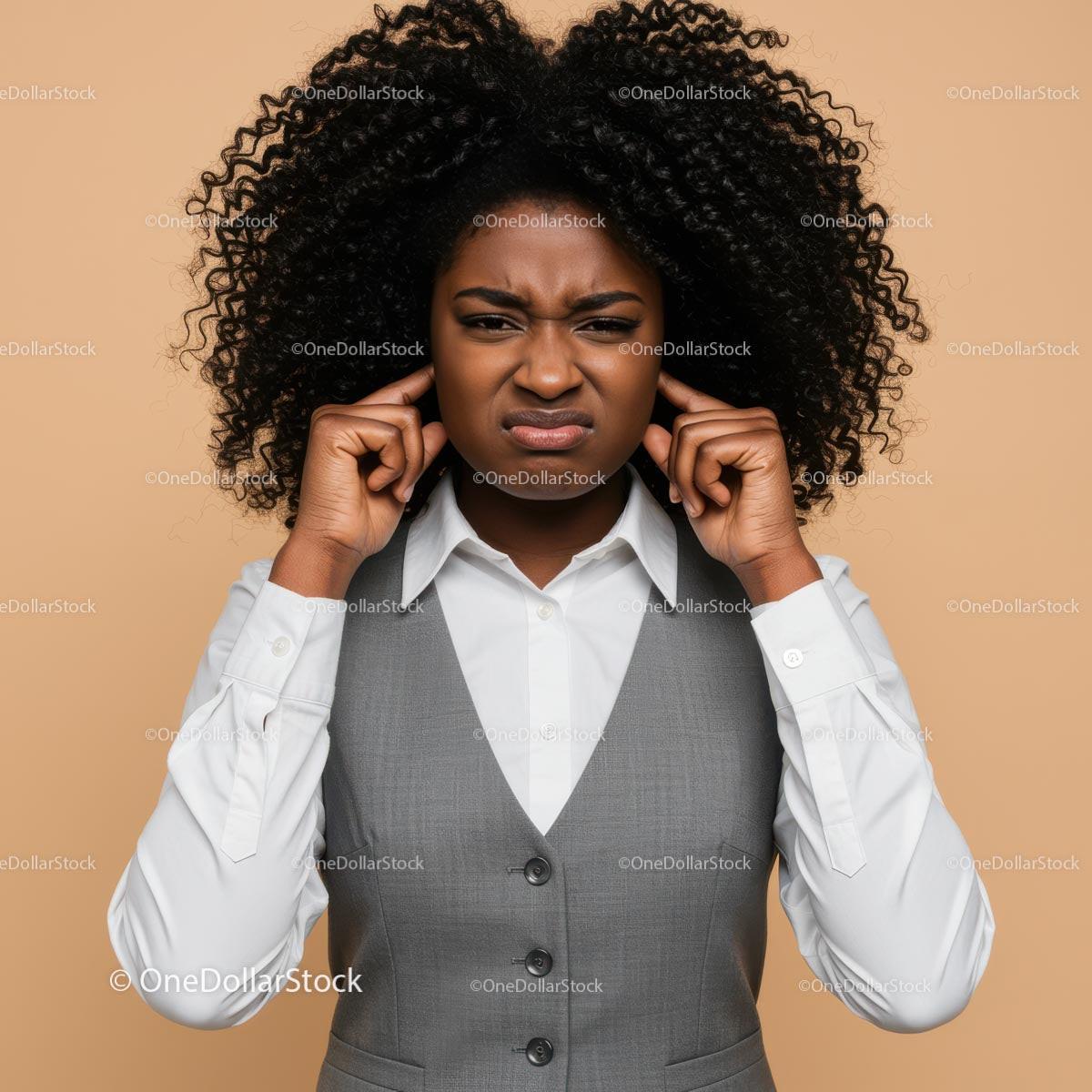 Frustrated Woman Covers Ears Against Noise in Business Attire Stock Photo Bundle preview 57