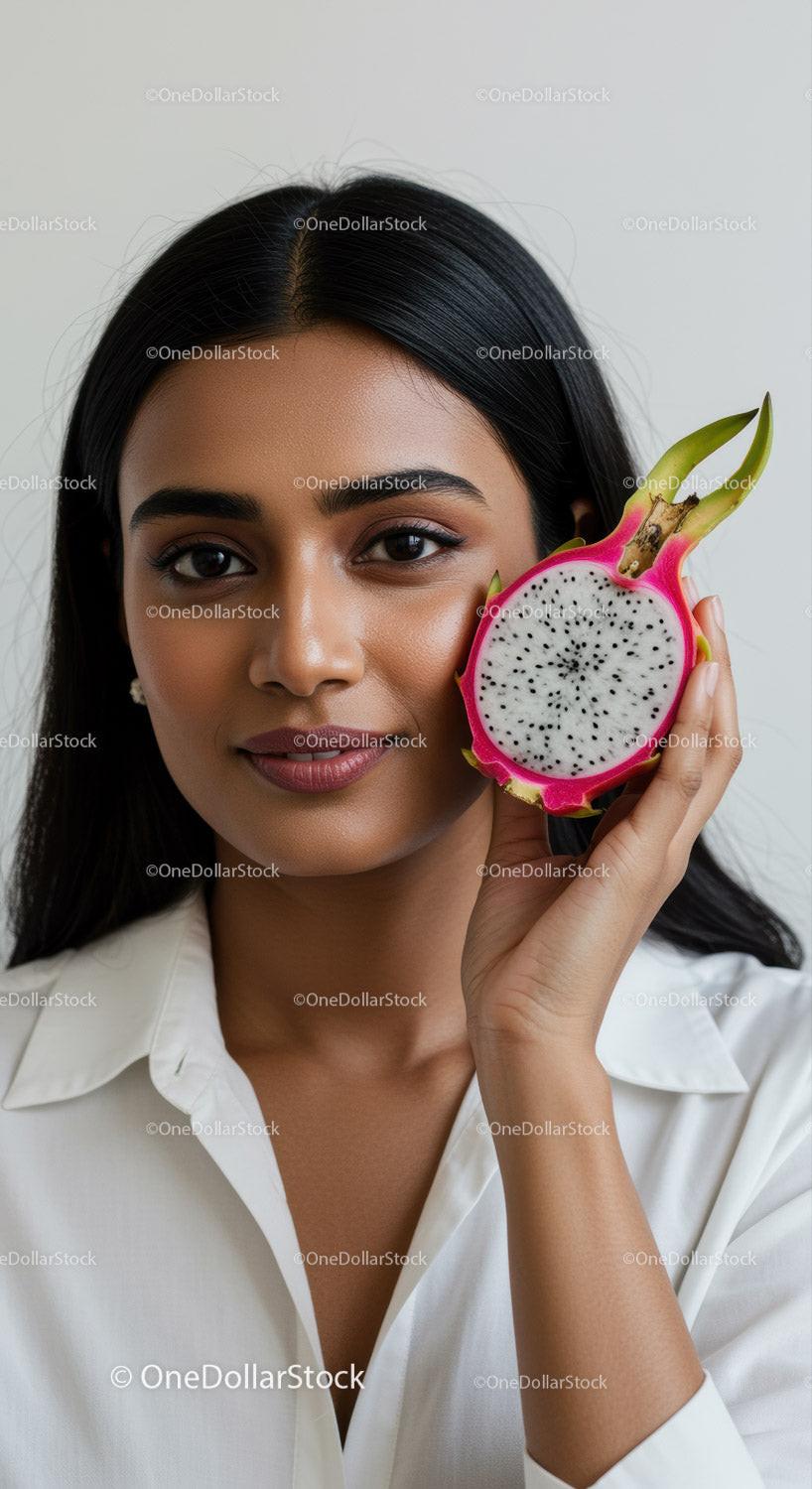 Young Woman with Bright Smile Holding Fresh Dragon Fruit for Healthy Lifestyle