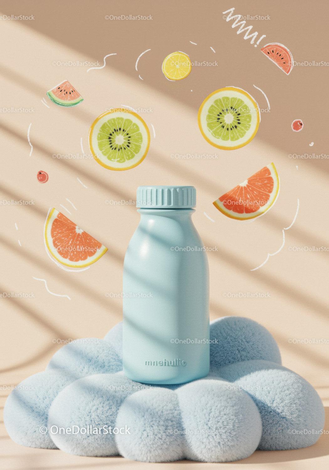 Minimalist blue bottle with floating citrus illustrations