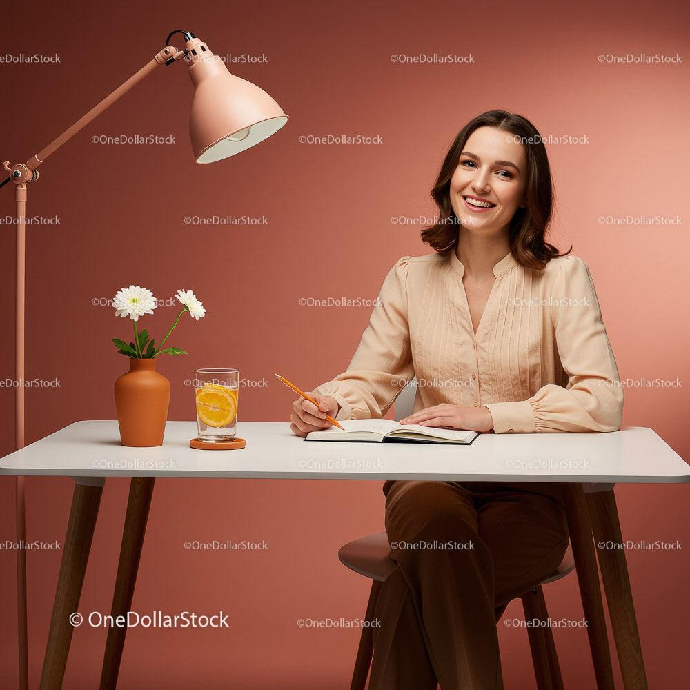 Cheerful Woman Writing at a Table with Flowers and Drinks Stock Photo Bundle preview 7