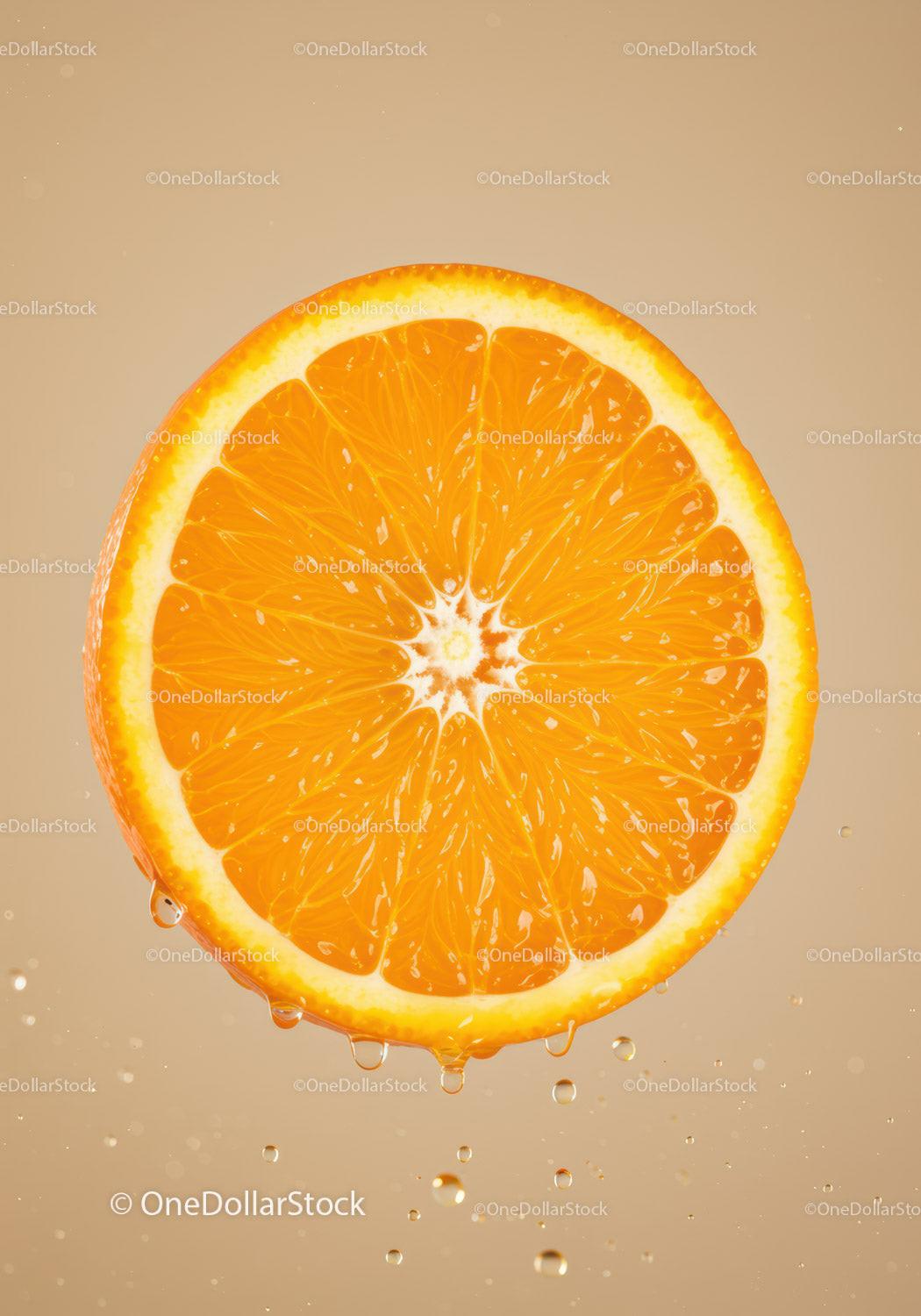 Fresh orange slice with water droplets on beige background